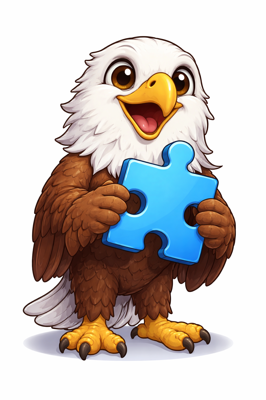 Aria the Eagle, a cartoon bald eagle holding a blue puzzle piece