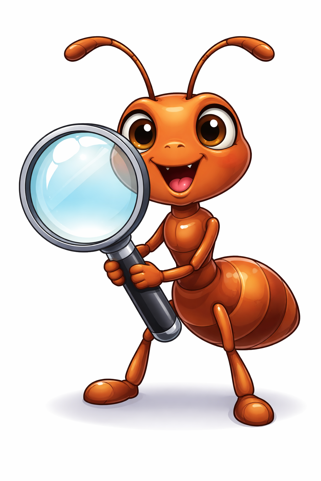 Atlas the Ant, a friendly orange cartoon ant holding a magnifying glass