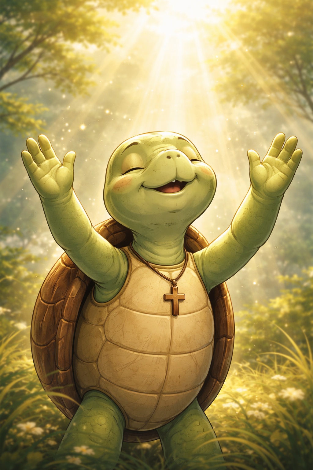 Kai the Turtle, a joyful green turtle with arms raised toward beams of sunlight