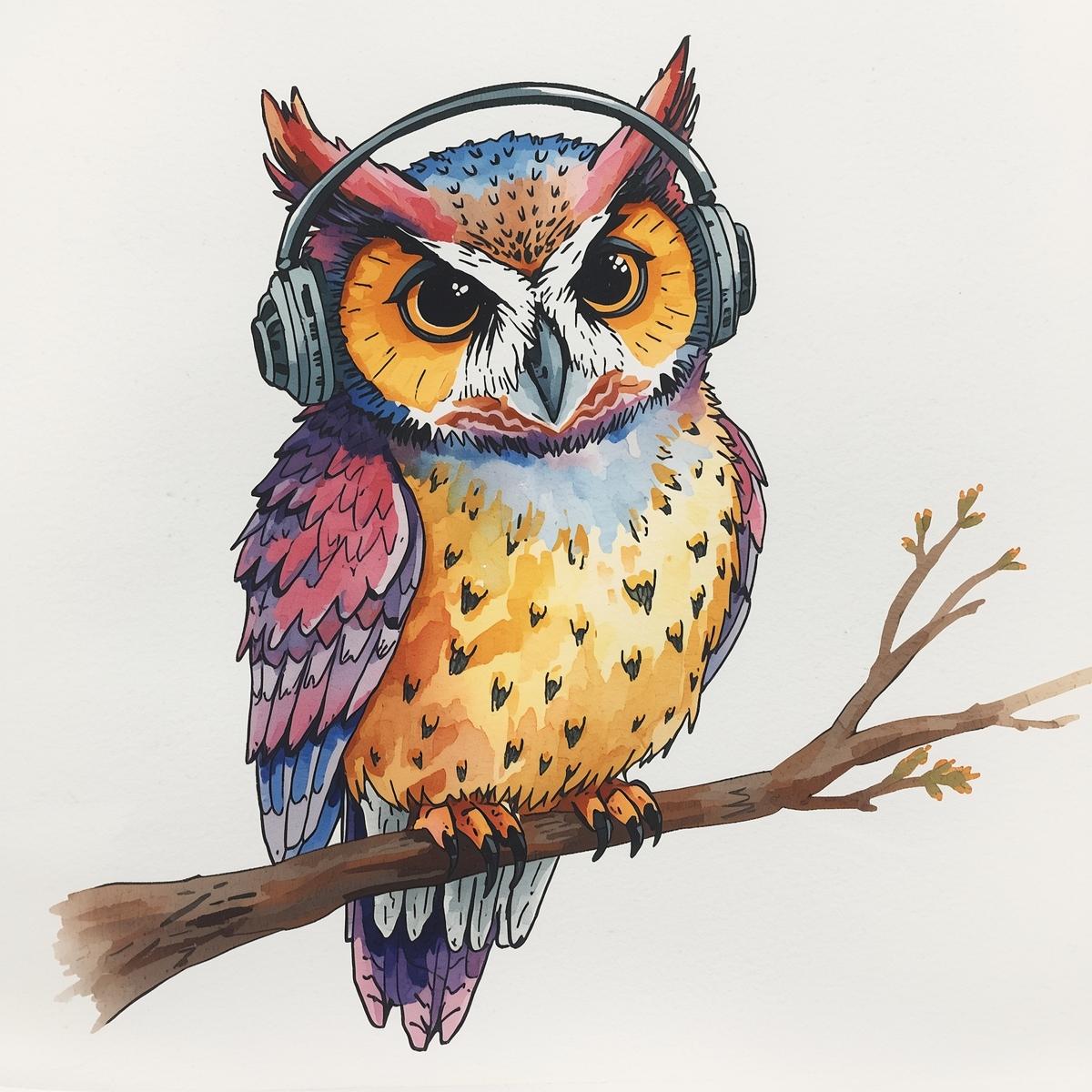 Orion the Owl, a colorful watercolor owl wearing headphones perched on a branch